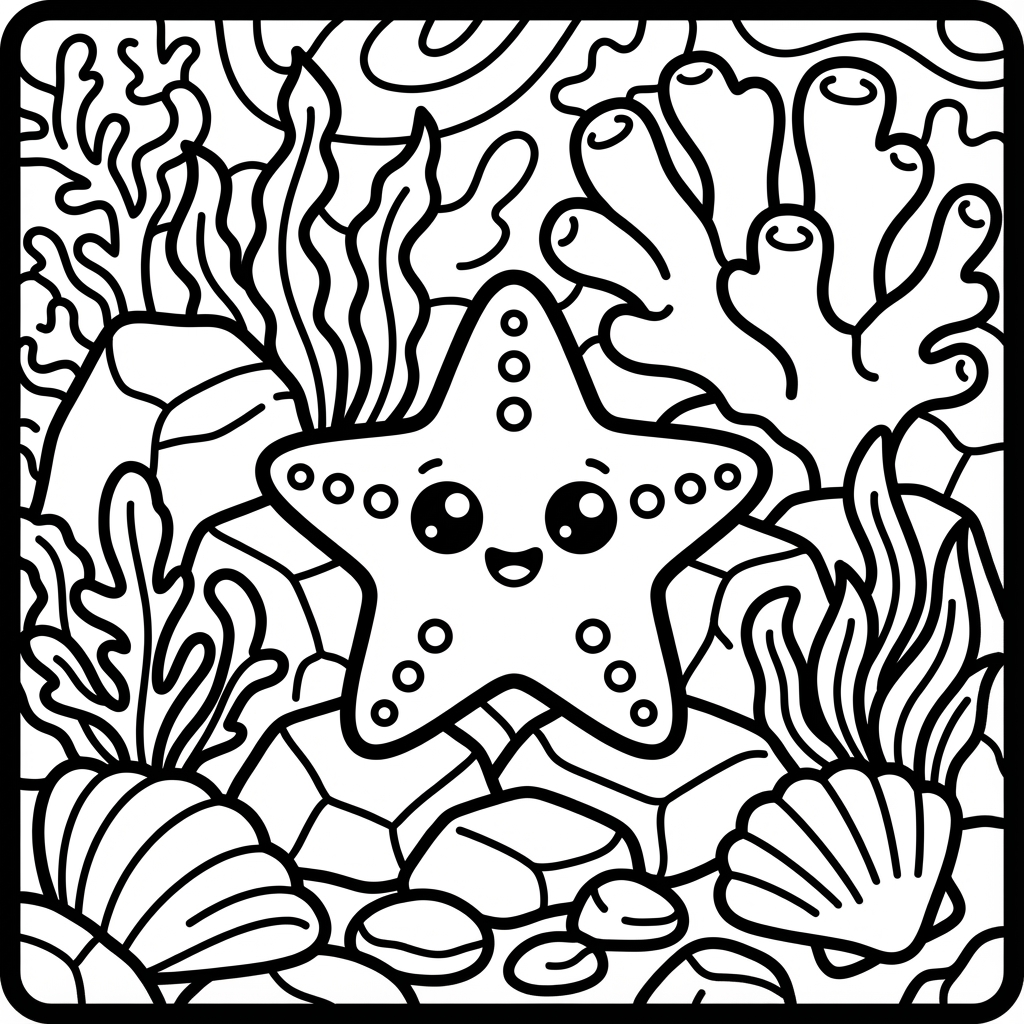 Smiling starfish resting on rocks, a classic thick line coloring pages choice for fat marker coloring pages.
